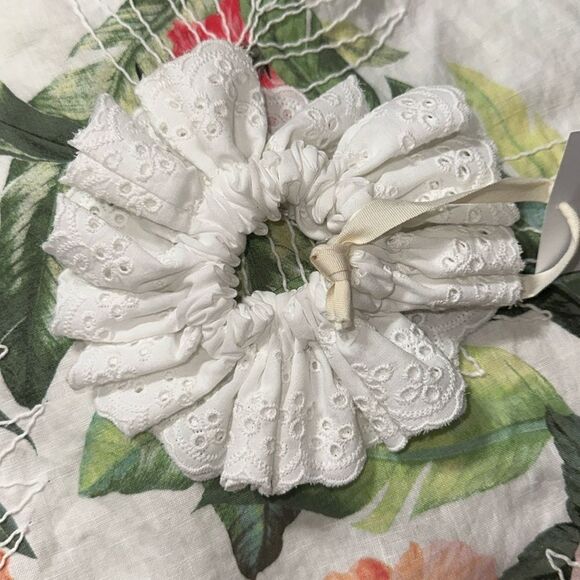 AE White Double Ruffle Scalloped Eyelet Embroidered Large Hair Scrunchie - Picture 2 of 4